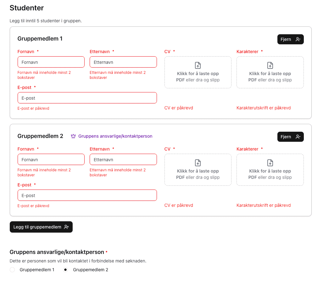 Application form showing dynamic fields and real-time validation